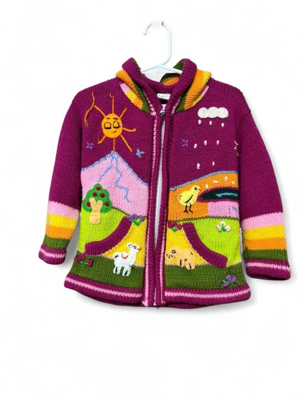 Colorful Hand-Knit Kids Zip Hoodie - Magenta with Rainbow Scene